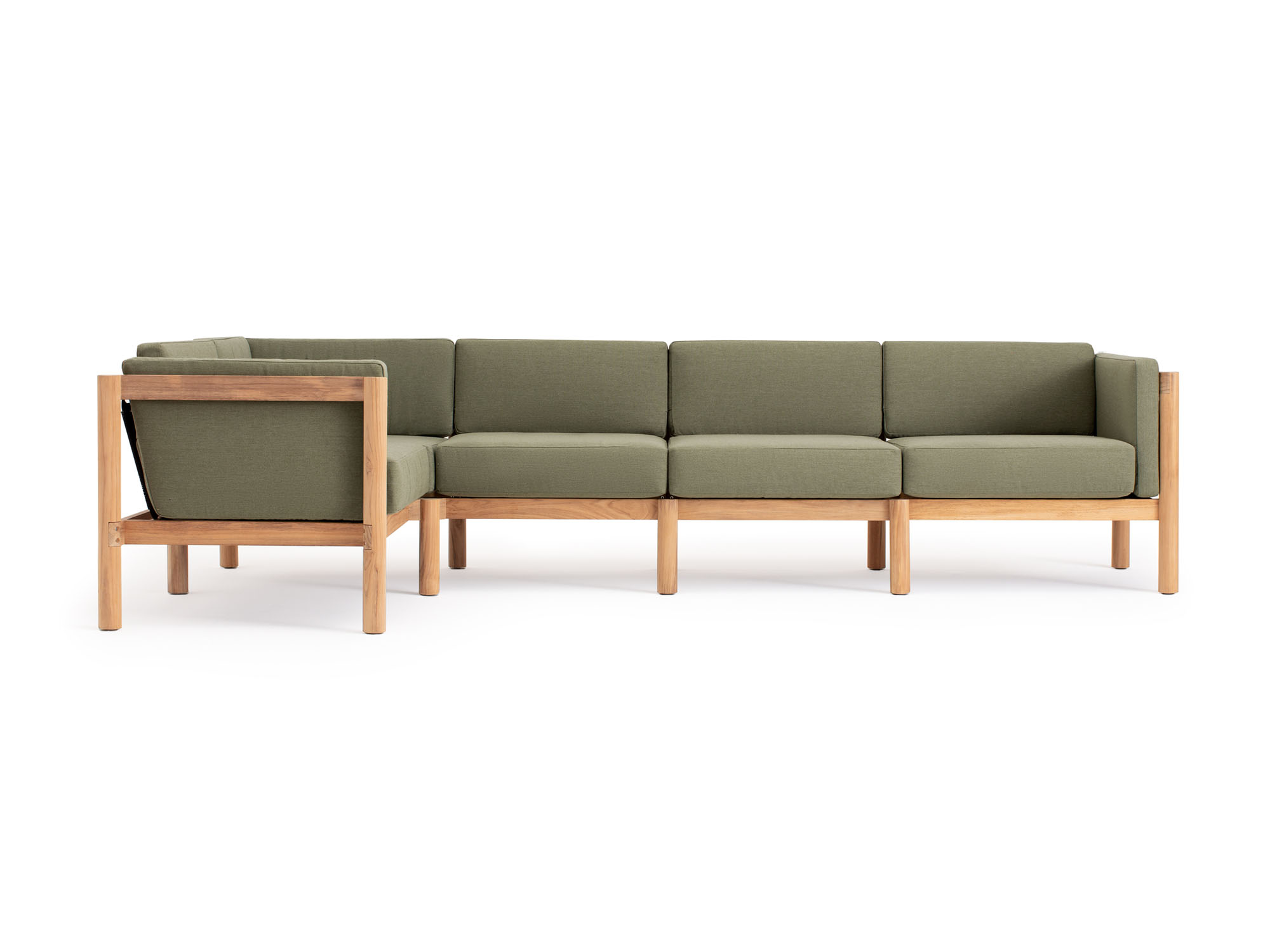 Front view of 5-piece outdoor sectional with green arm cushions